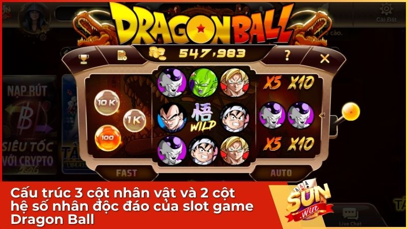 Dragon Ball Sunwin: Siêu Phẩm Quay Hũ Đổi Thưởng Săn Jackpot Khủng 1 Cấu trúc 3 cột nhân vật và 2 cột hệ số nhân độc đáo của slot game Dragon Ball